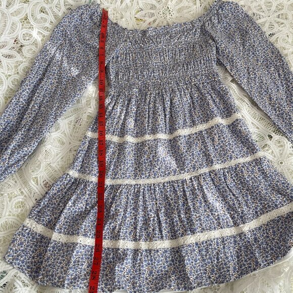 Japna Cottagecore Long-Sleeve Floral Smocked Dress Blue & White - XS - Picture 11 of 11
